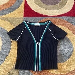 Urban Outfitters Sporty Y2K Style Black Ribbed Sweater Zip Up Crop Top Medium